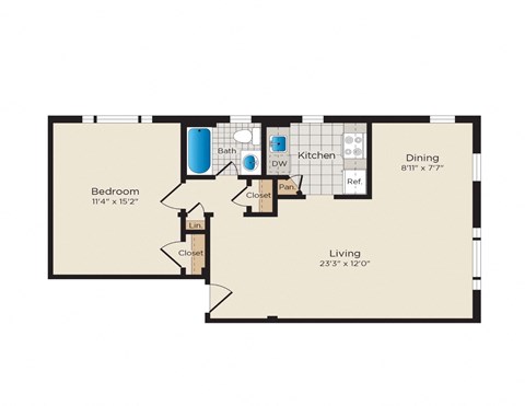 Floor plan for 1 bed, 1 bath, 607 sqft